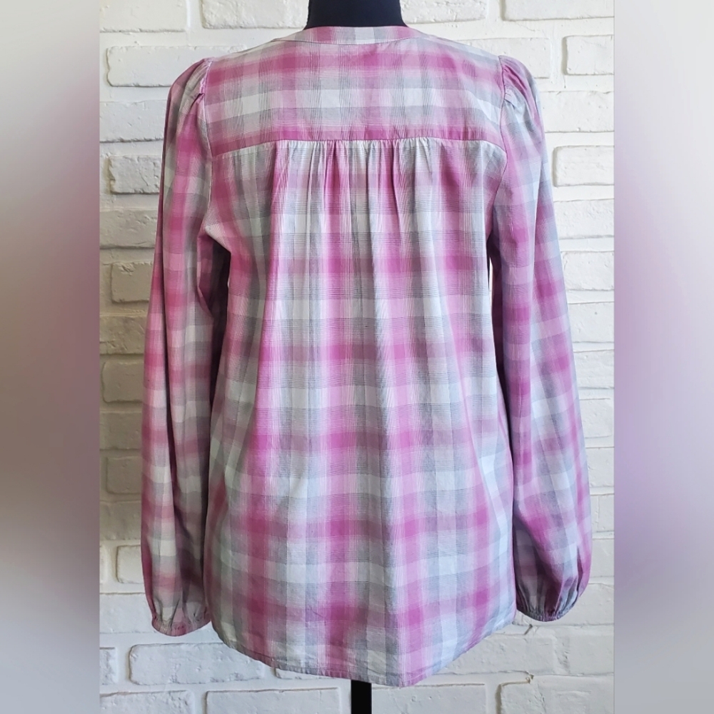 NWT LOFT Pink Plaid Smocked Yoke Button Front Blouse - Size XS - Picture 12 of 14